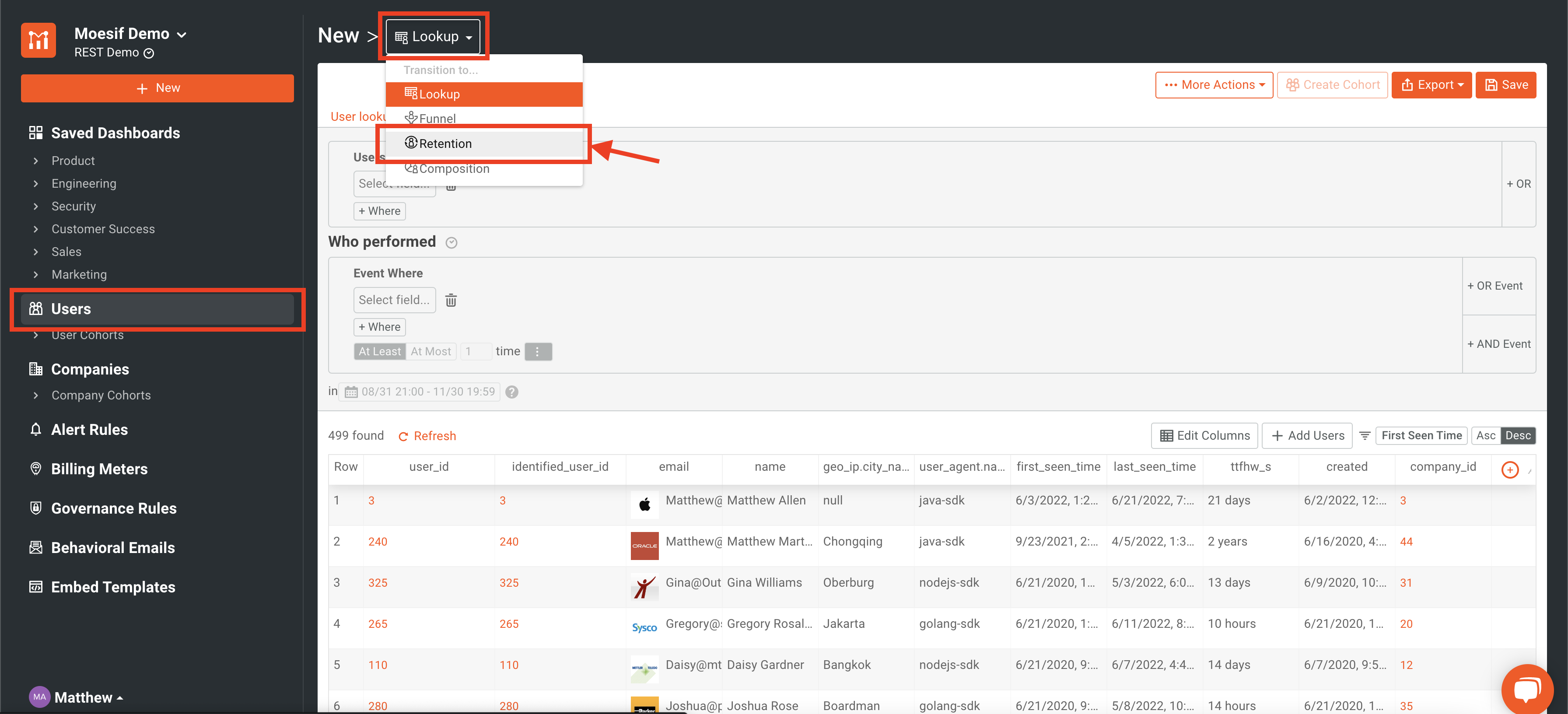 In app navigation to the Moesif retention screen
