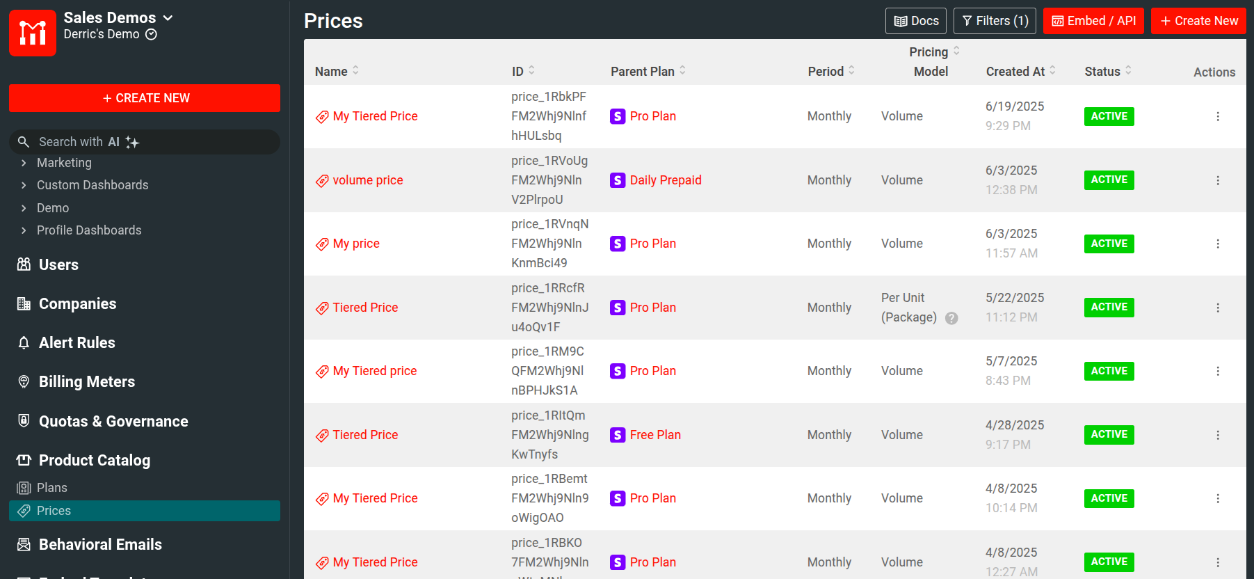 Moesif Product Catalog Price List