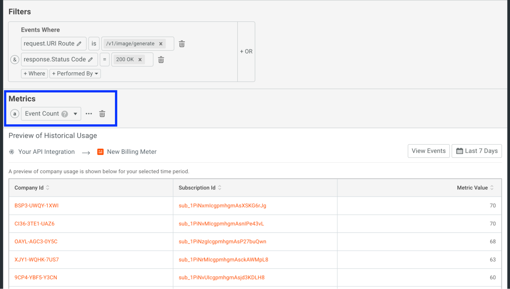 Metrics Dropdown