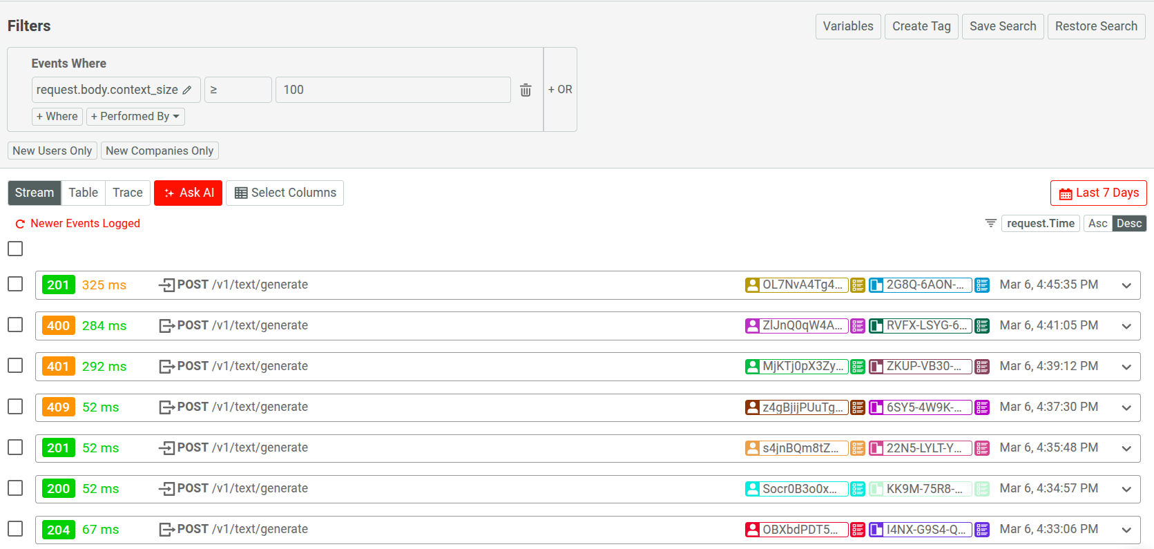 A Live Event Log workspace in Moesif filtering events based on context size in a GenAI product. Filtering API events based on context size in a GenAI API
