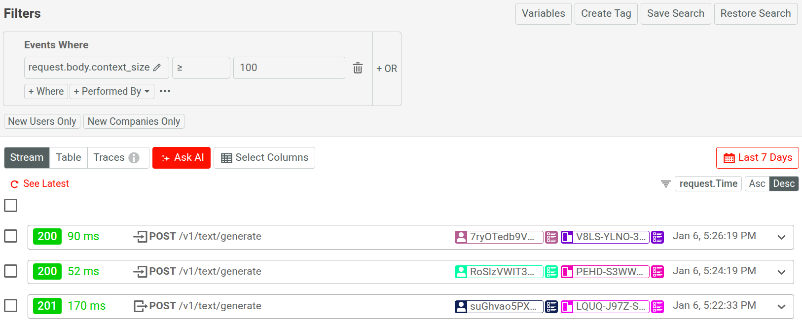 Filtering events based on an HTTP body field to view events with large context size in an AI API.