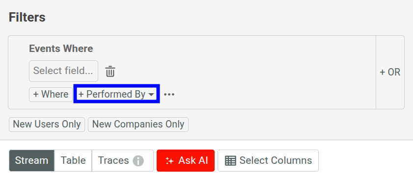 'Performed By' menu in a Live Event Log chart