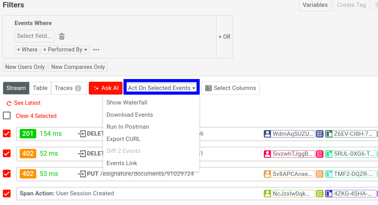 Additional actions available after selecting one or more events in a Live Event Log chart