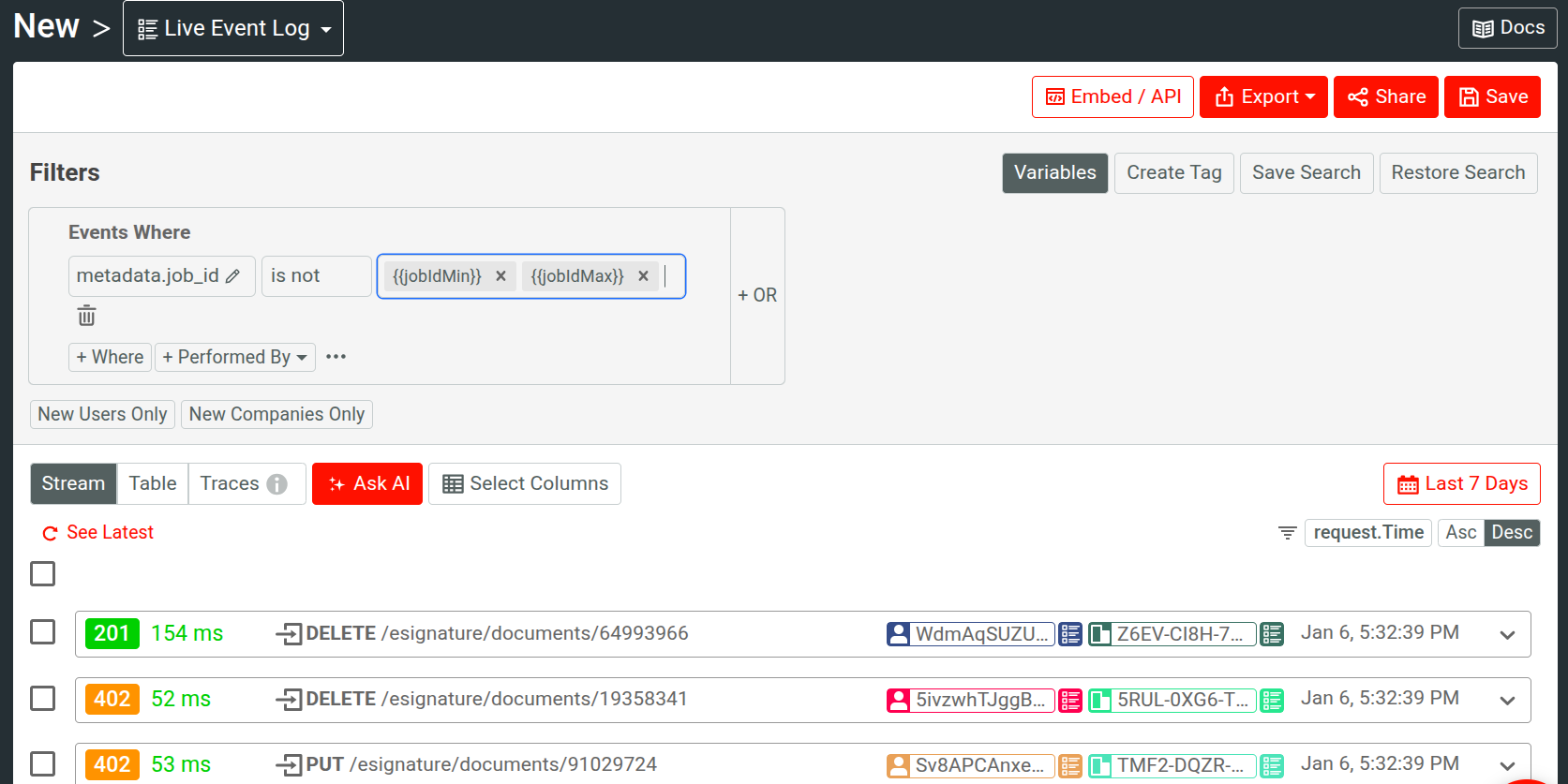 Using named variables in a Live Event Log workspace. Using named variables.