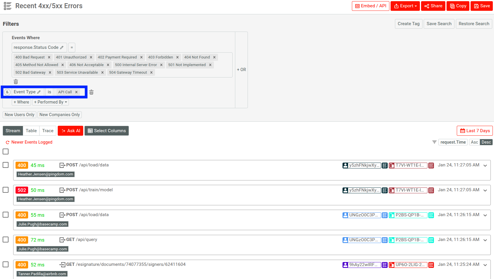 Filtering API logs