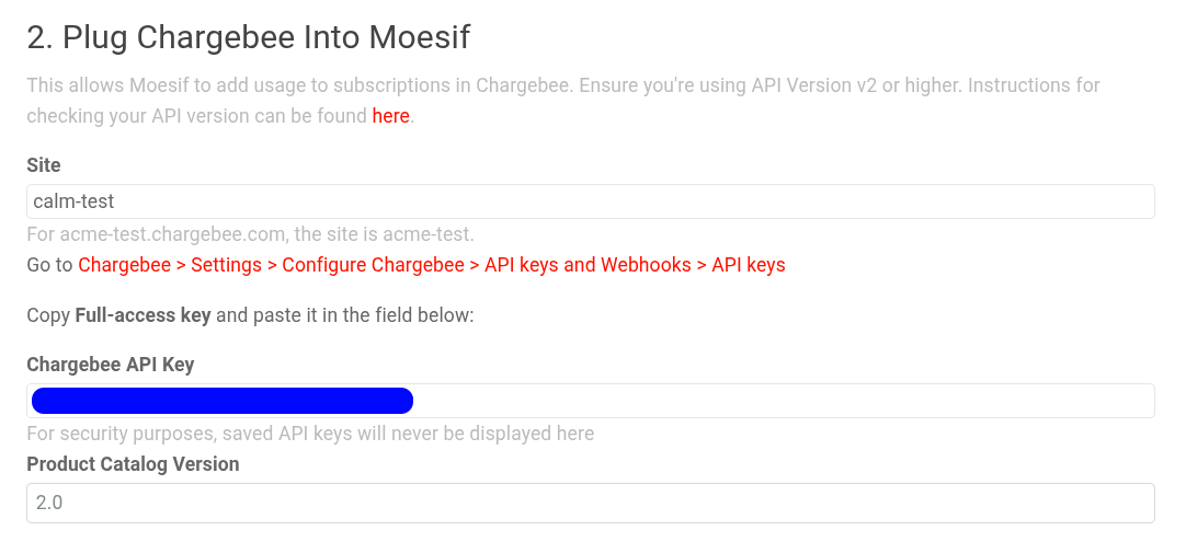 Chargebee details in Moesif's Chargebee setup screen.
