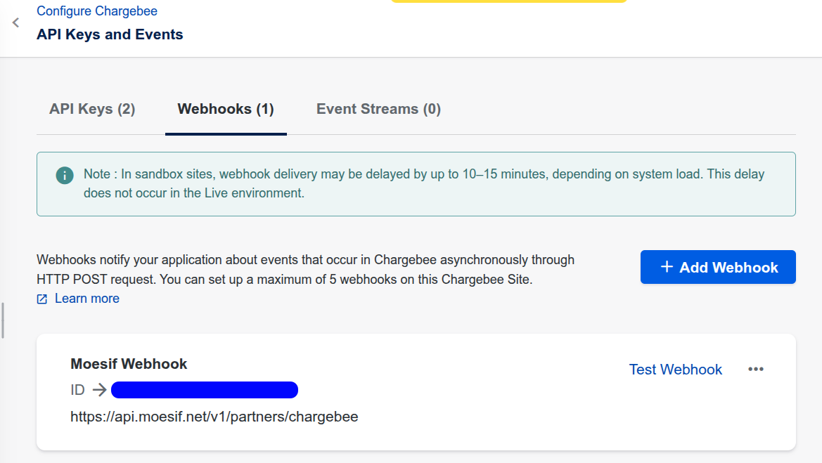 Newly created webhook in the webhooks list in Chargebee.