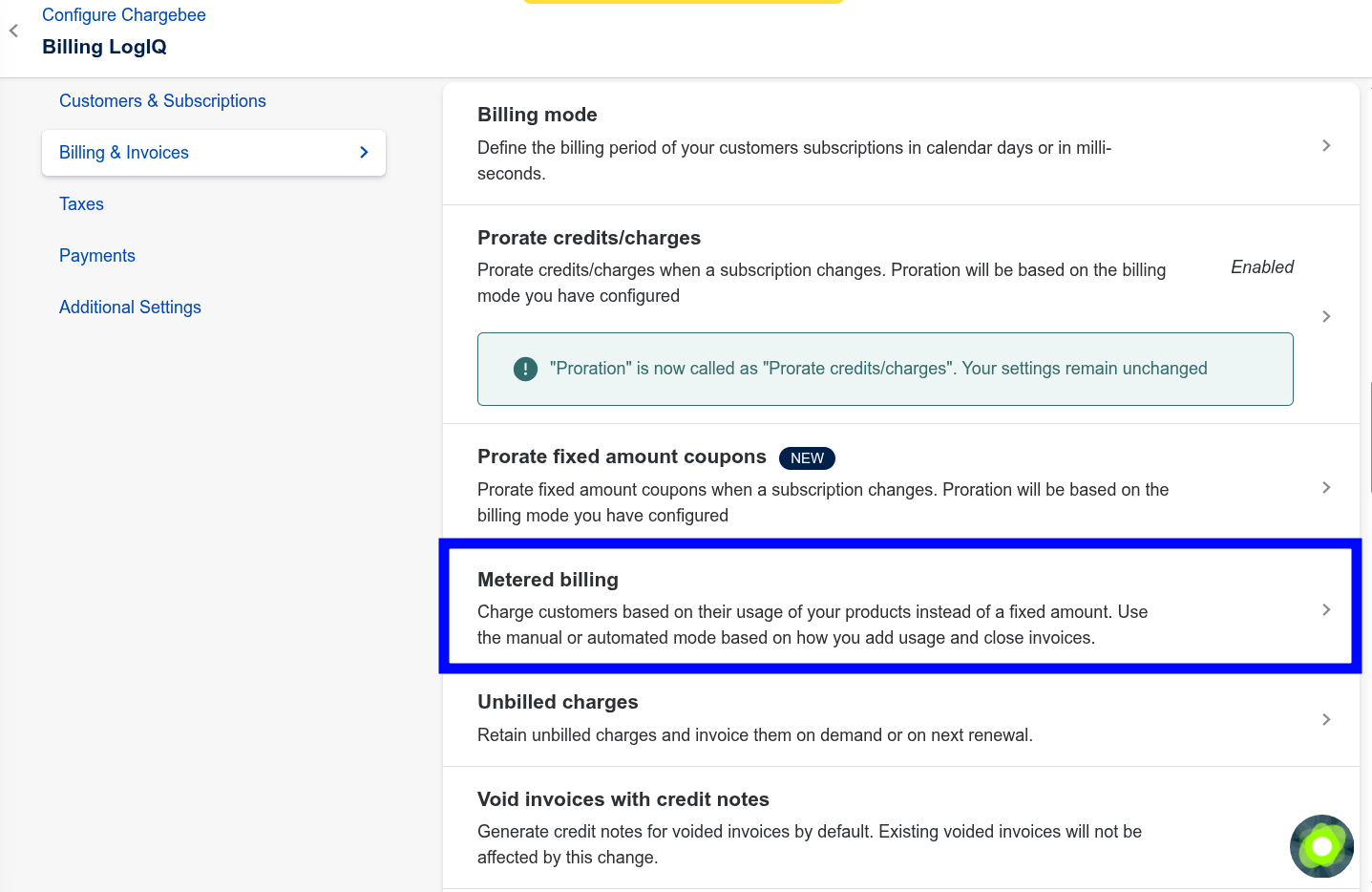 Metered billing option in Chargebee UI.