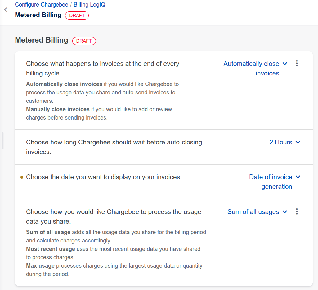 Metered billing configurations.