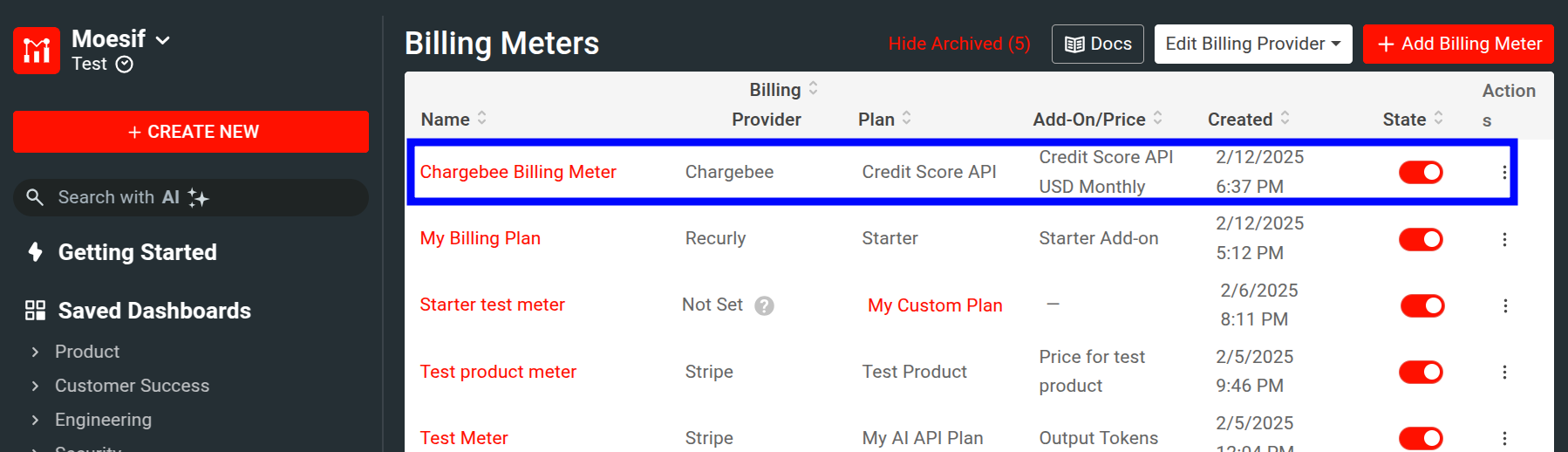 Newly-created billing meter in the billing meters screen in Moesif.
