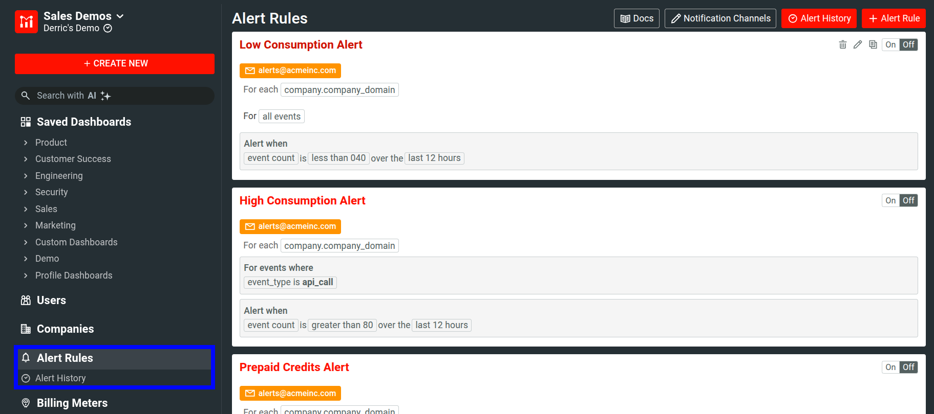 Moesif Alerts dashboard screen