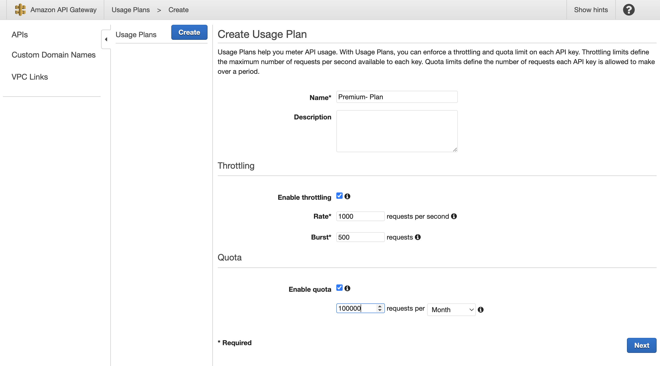 Usage Plan setup