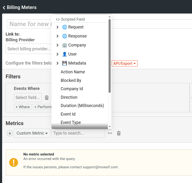 The metrics list in a Moesif Billing Meter.