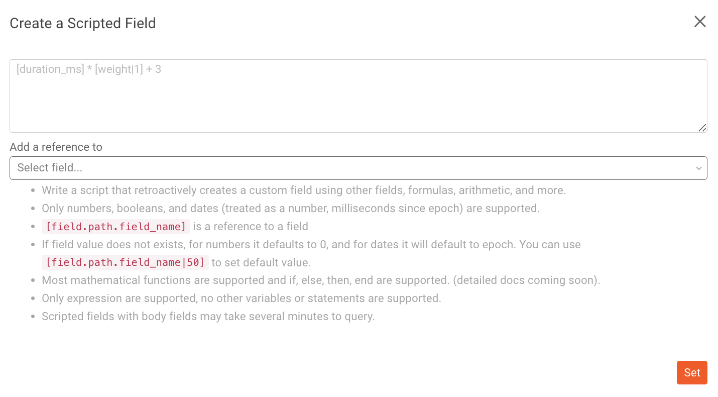 'Create a Scripted Field' dialog in Moesif.
