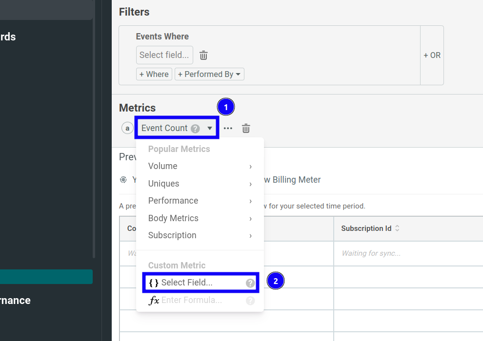Choosing a custom metric and then the scripted field option.