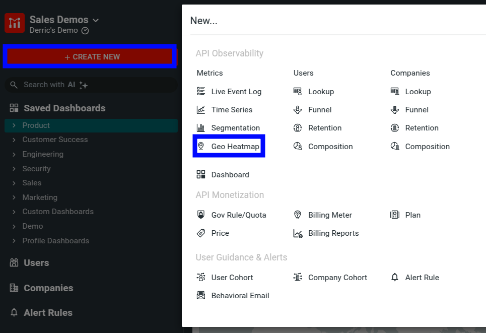 Creating a new geo heatmap in Moesif.