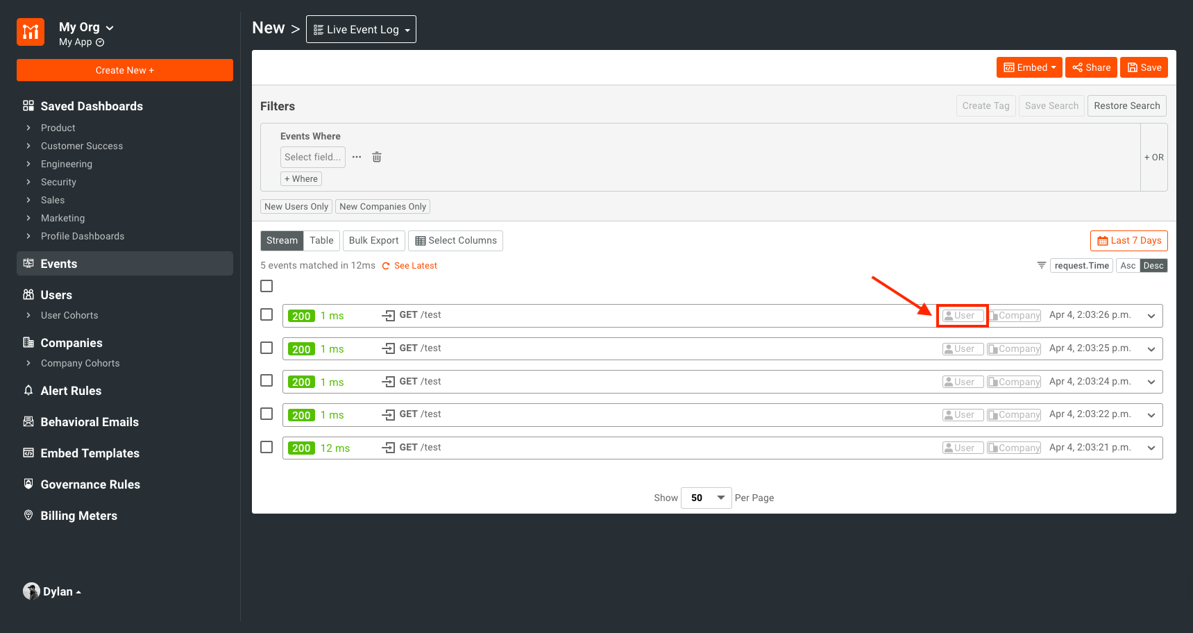 Moesif Metrics screen requests without a userID