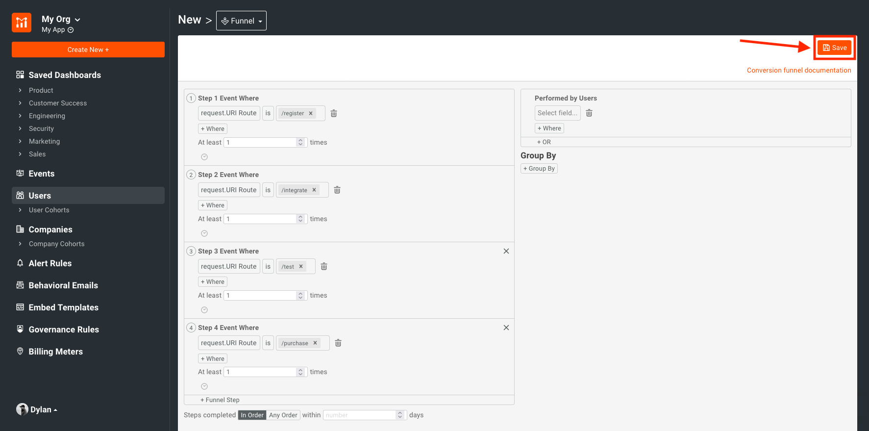 save funnel button on user funnels page