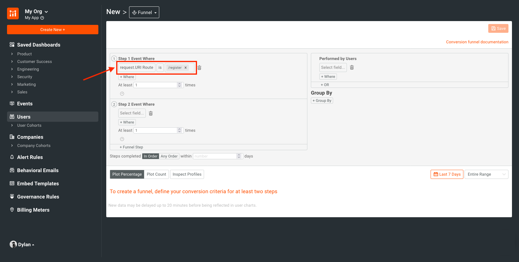 add filter for 1st step in user funnel